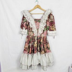 Women's Size 8 Vintage Cottagecore Prarie Dress Floral Ruffle Lace Trim Boho